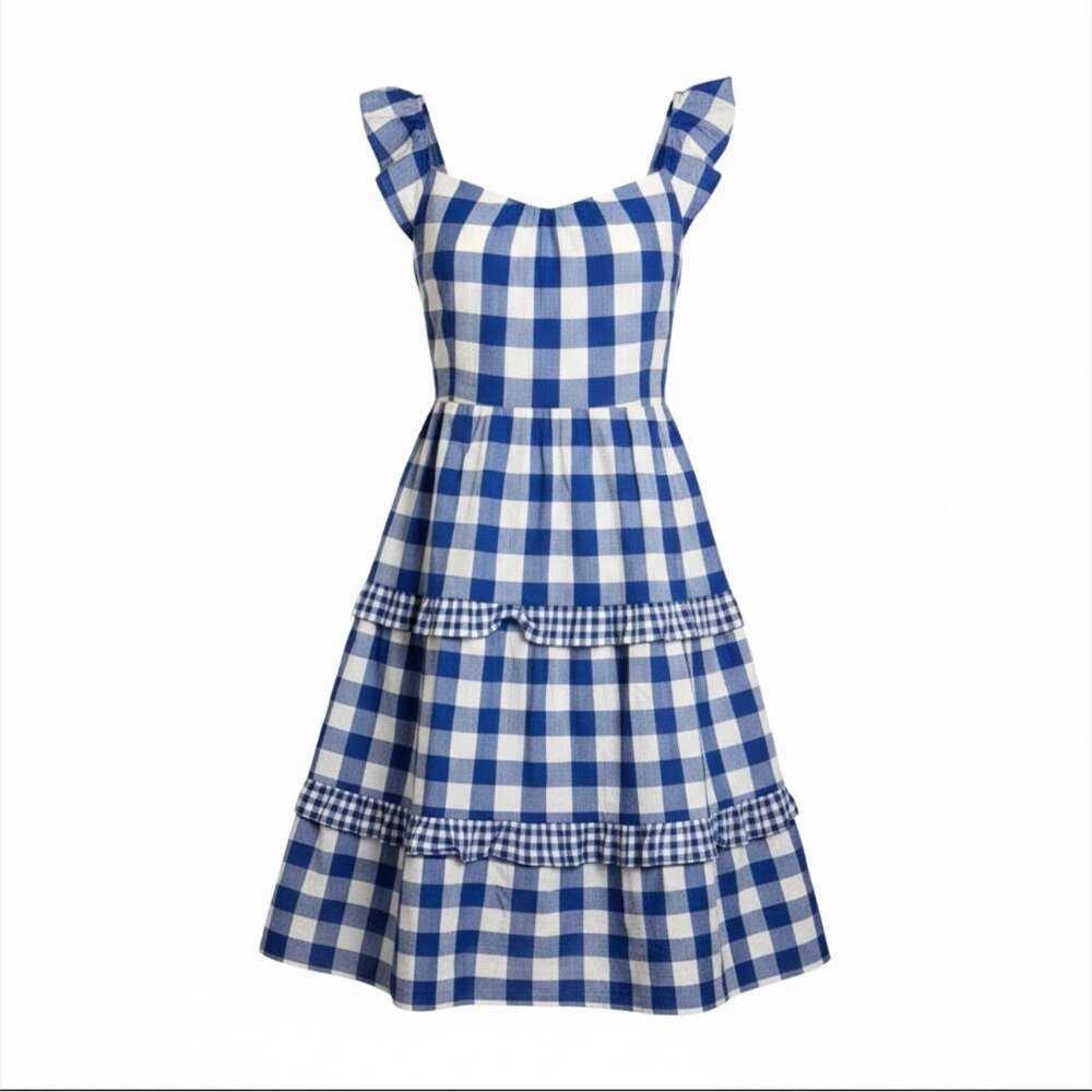NWT J.Crew Factory Blue & White Gingham Tiered Midi Dress XL